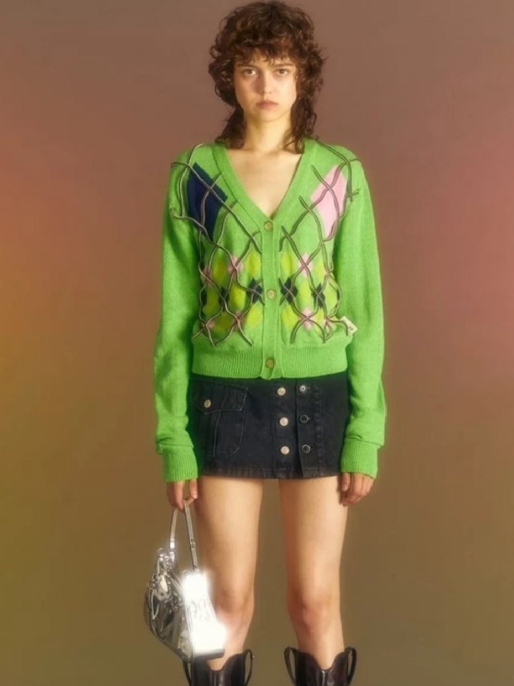 Andersson bell Green Argyle V-Neck Cardigan with Colorful Diamond Accents